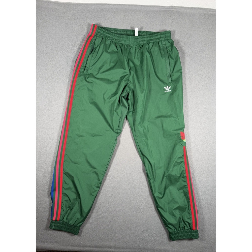 Adidas Originals Green Track Pants Mens Size L Red Stripes Trefoil Logo